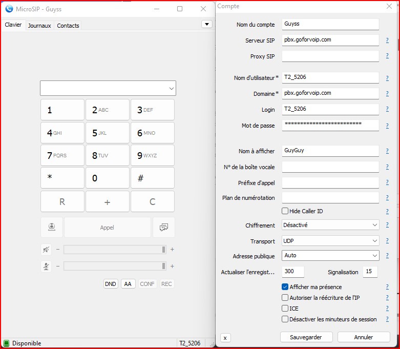 Configuration de l'extension 5206 Sur MicroSip